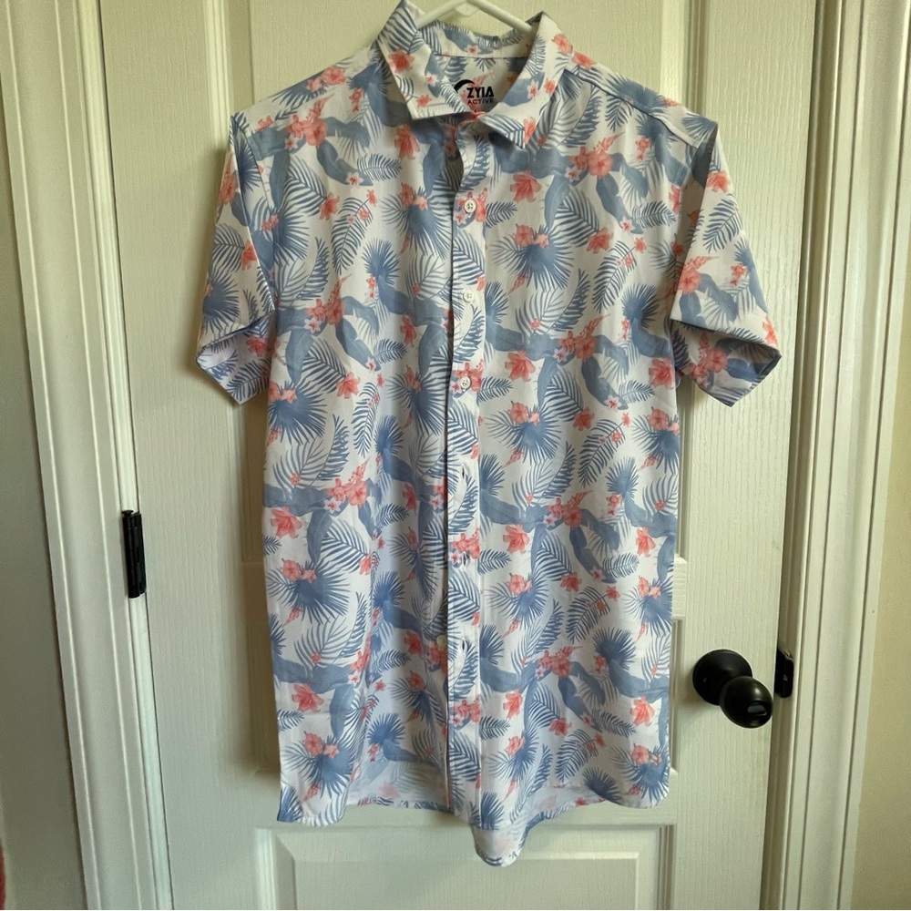 ZYIA | Men’s Casual Button Down | M | Blue/Pink Floral | Hawaiian | Tropical